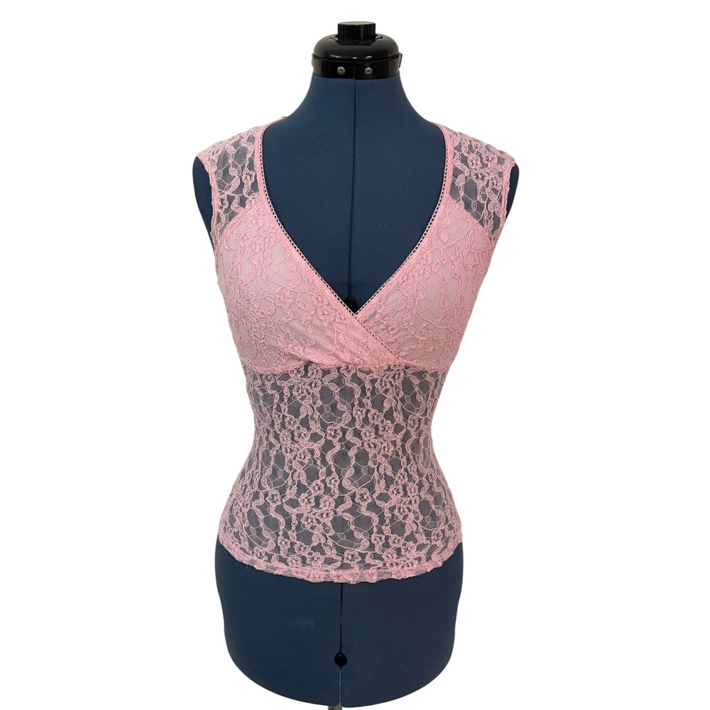 Vtg Byer Pink Floral Lace V Neck Sleeveless Sheer Top Y2K Romantic Coquette S